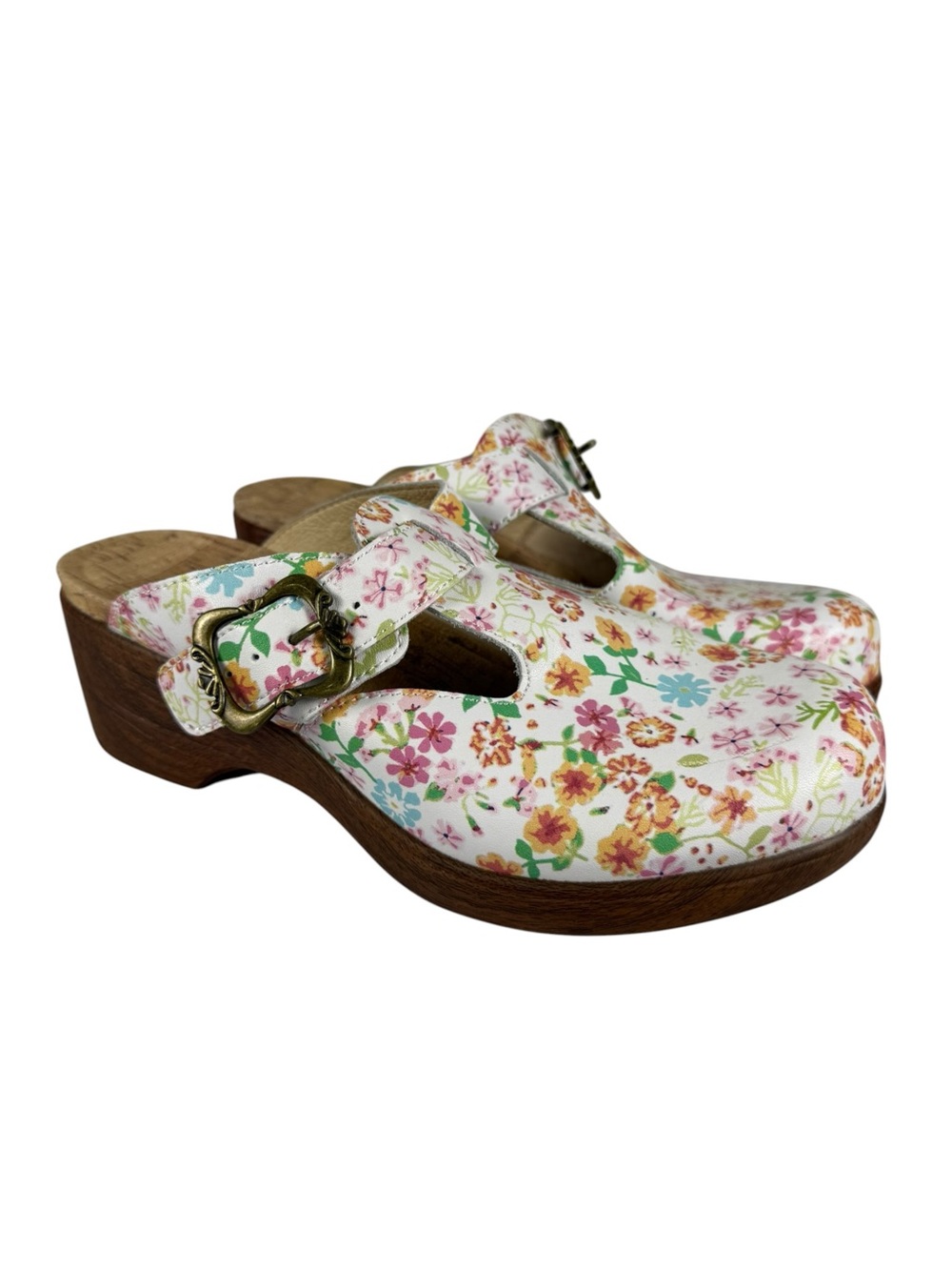 NEW Alegria Selina Prime Time Wooden Heeled Mule Clog White Multi Floral Sz 38